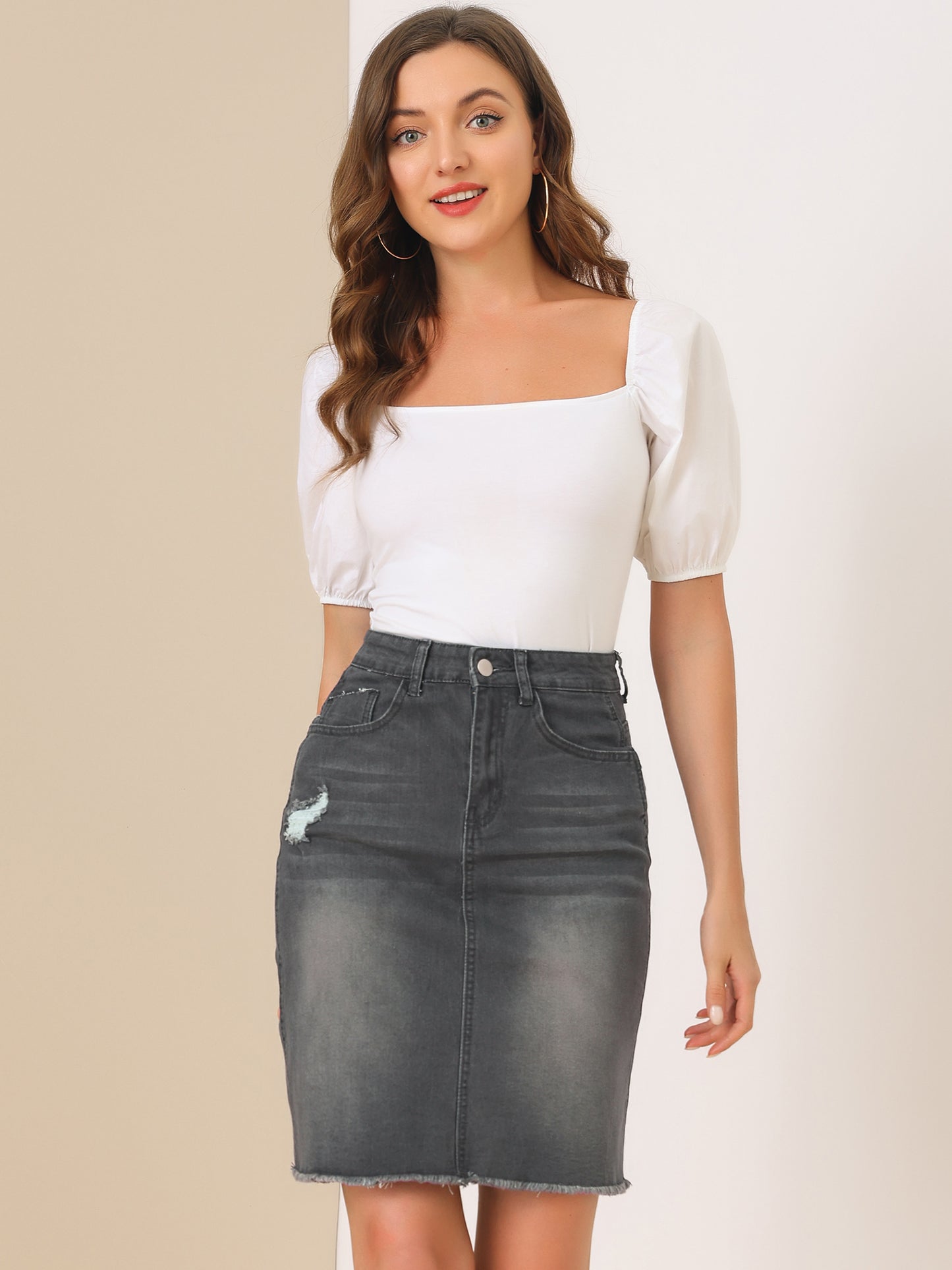 Falda vaquera básica desgastada con cintura alta y dobladillo rasgado para mujer