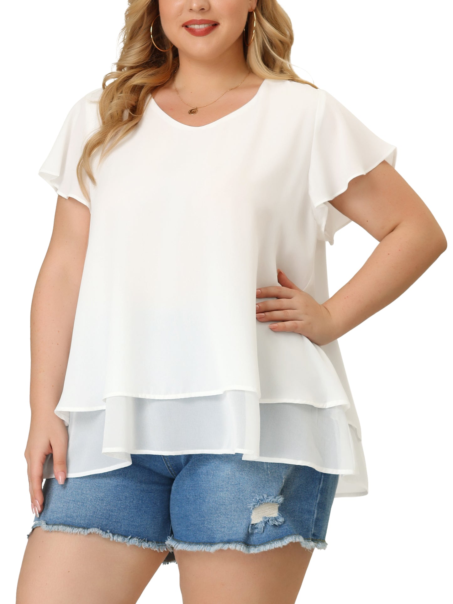 Women's Plus Size Summer Ruffle Short Sleeves V Neck Double Layered Hem Chiffon Blouse