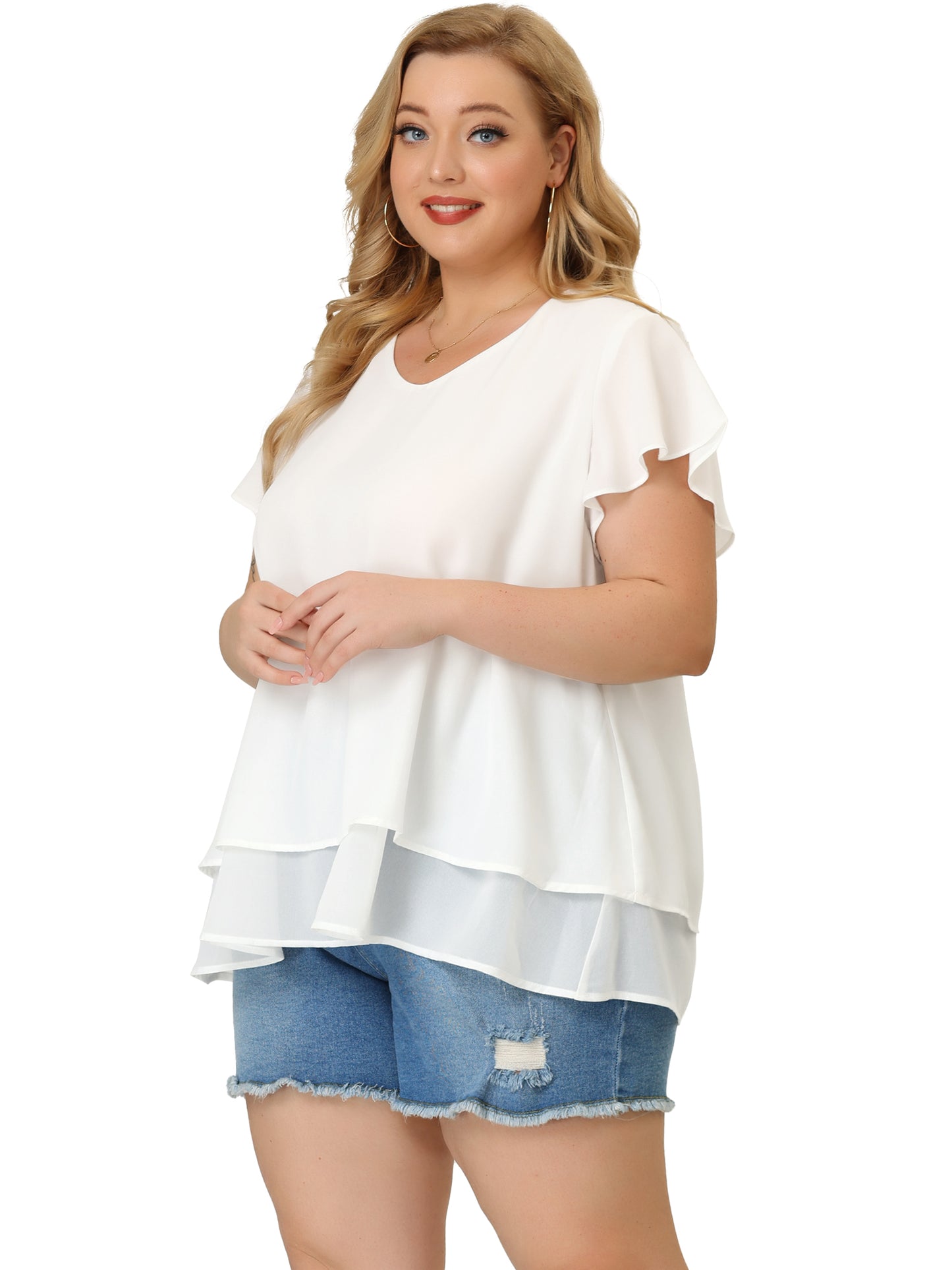 Women's Plus Size Summer Ruffle Short Sleeves V Neck Double Layered Hem Chiffon Blouse