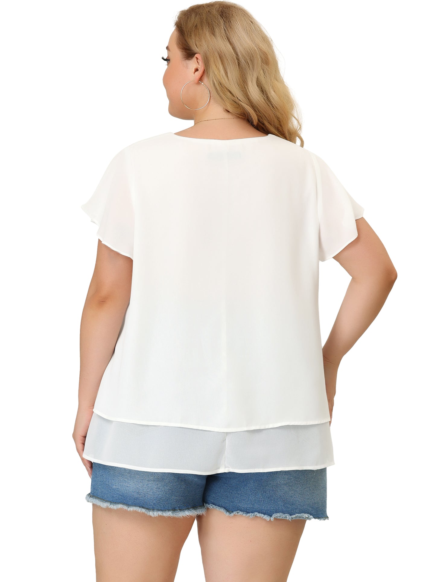 Women's Plus Size Summer Ruffle Short Sleeves V Neck Double Layered Hem Chiffon Blouse
