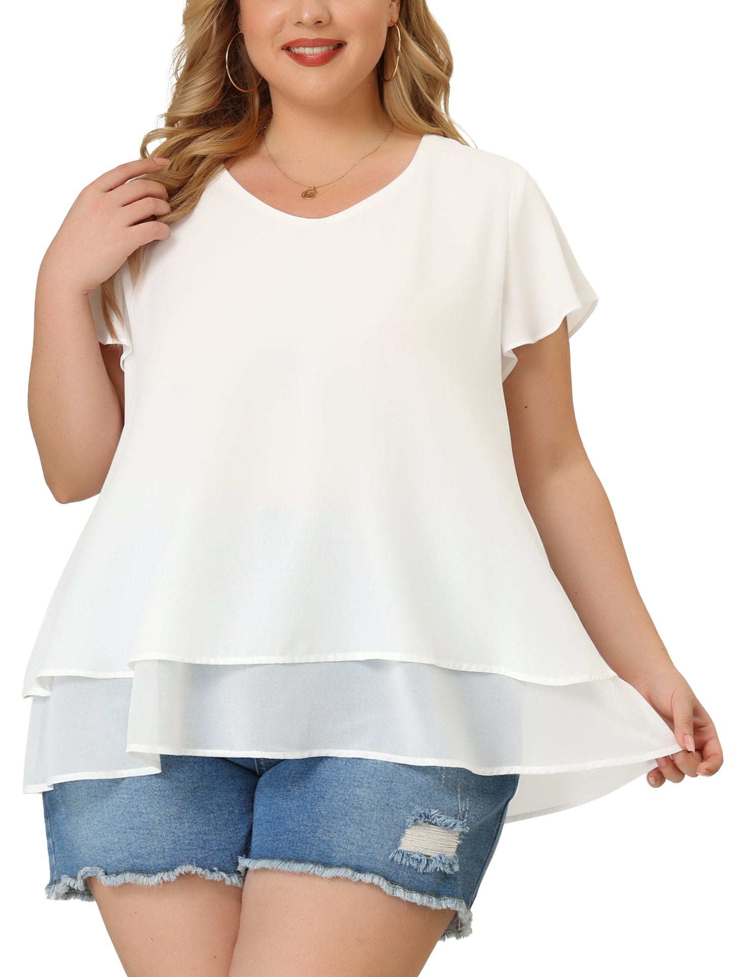 Women's Plus Size Summer Ruffle Short Sleeves V Neck Double Layered Hem Chiffon Blouse