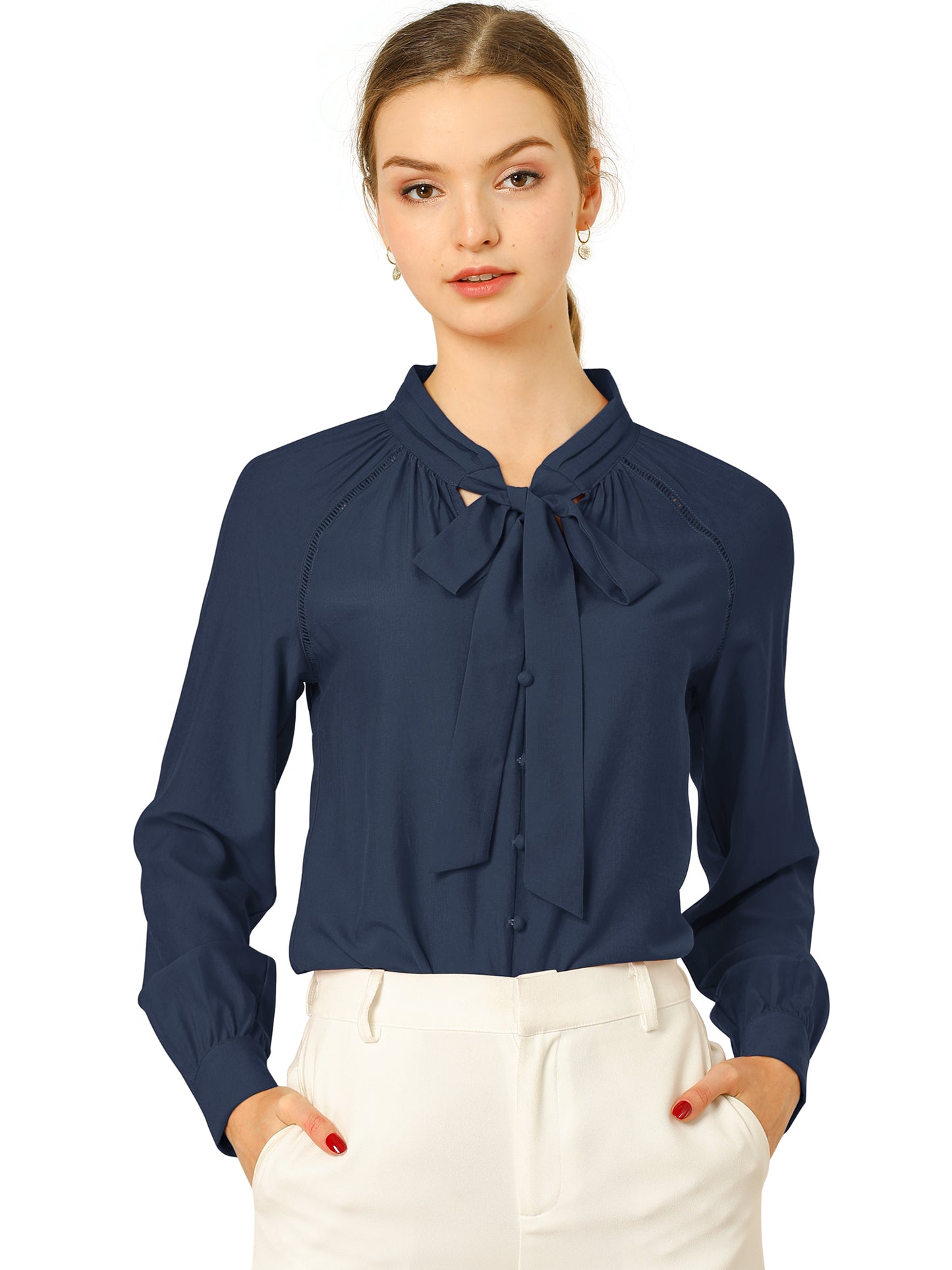 Women's Work Office Tops Bow Tie Neck Button Decor Long Sleeve Shirt Blouse