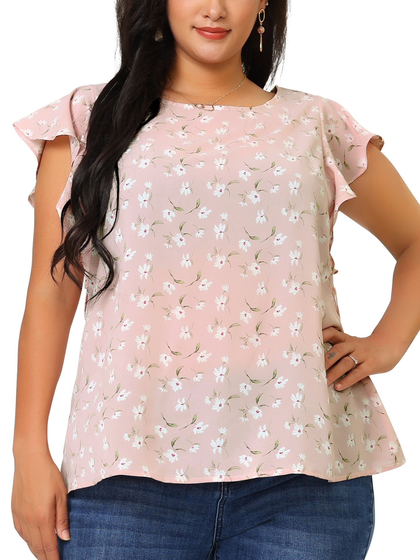 Women's Plus Size Summer Top Floral Tie Waist Short Sleeves Round Neck Blouse