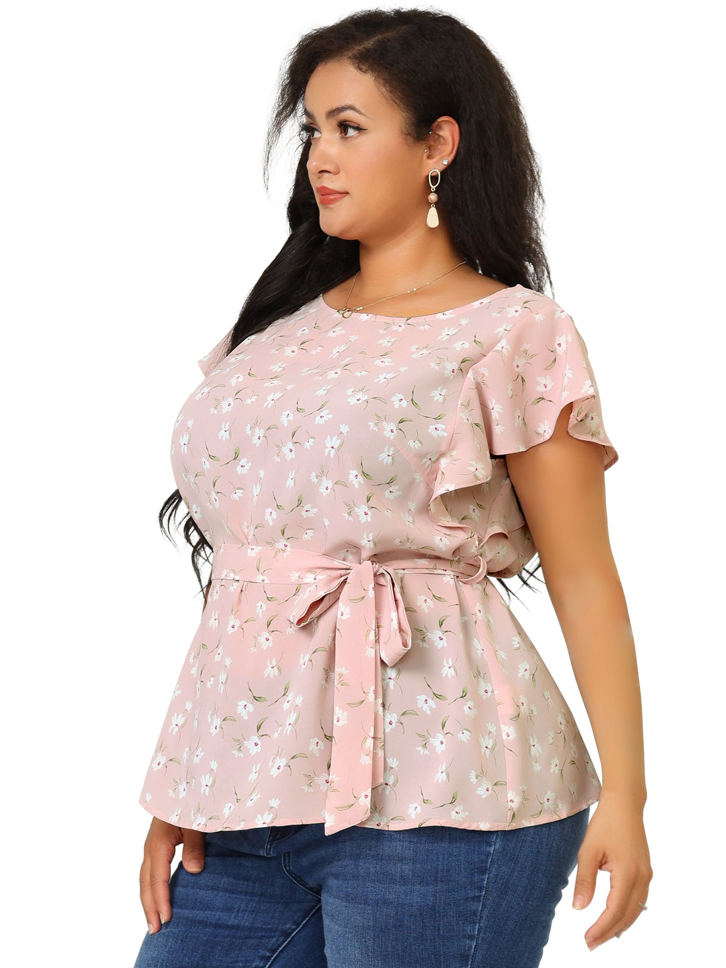 Women's Plus Size Summer Top Floral Tie Waist Short Sleeves Round Neck Blouse