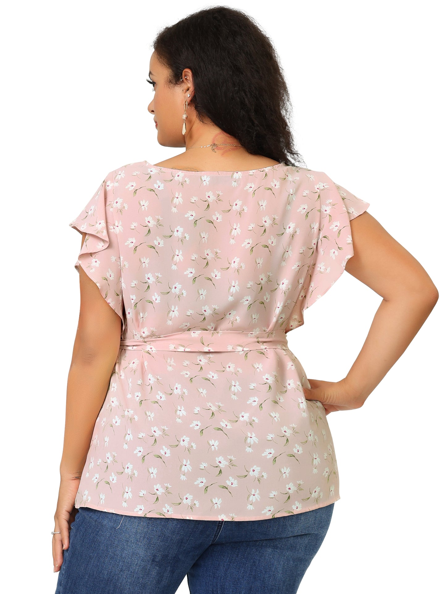 Women's Plus Size Summer Top Floral Tie Waist Short Sleeves Round Neck Blouse