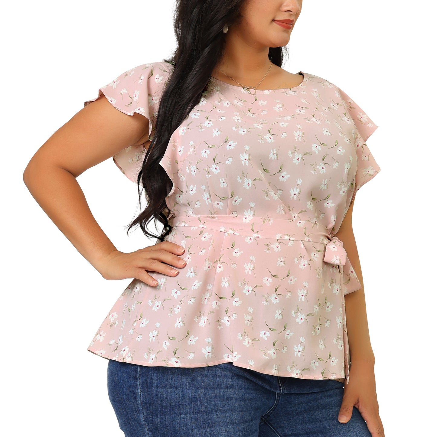 Women's Plus Size Summer Top Floral Tie Waist Short Sleeves Round Neck Blouse