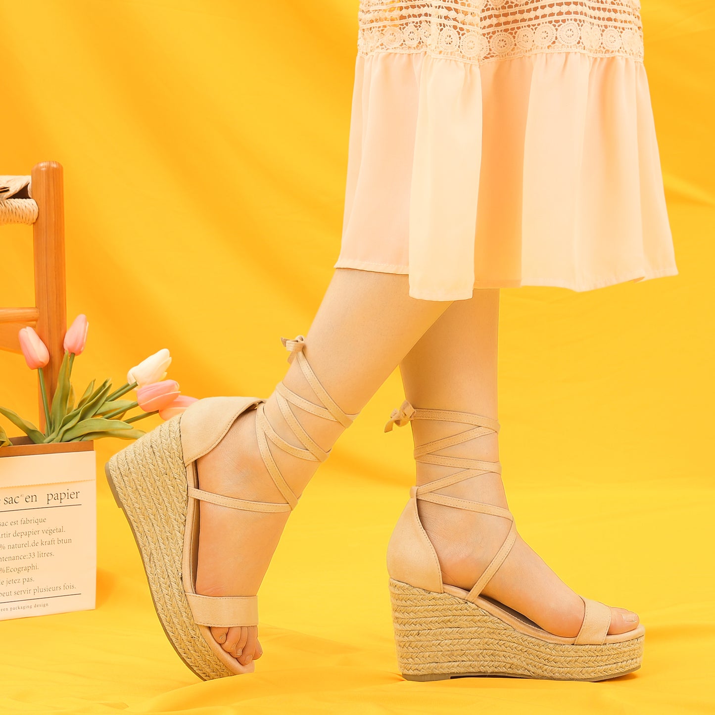 Sandalias de plataforma con cuña y cordones para mujer
