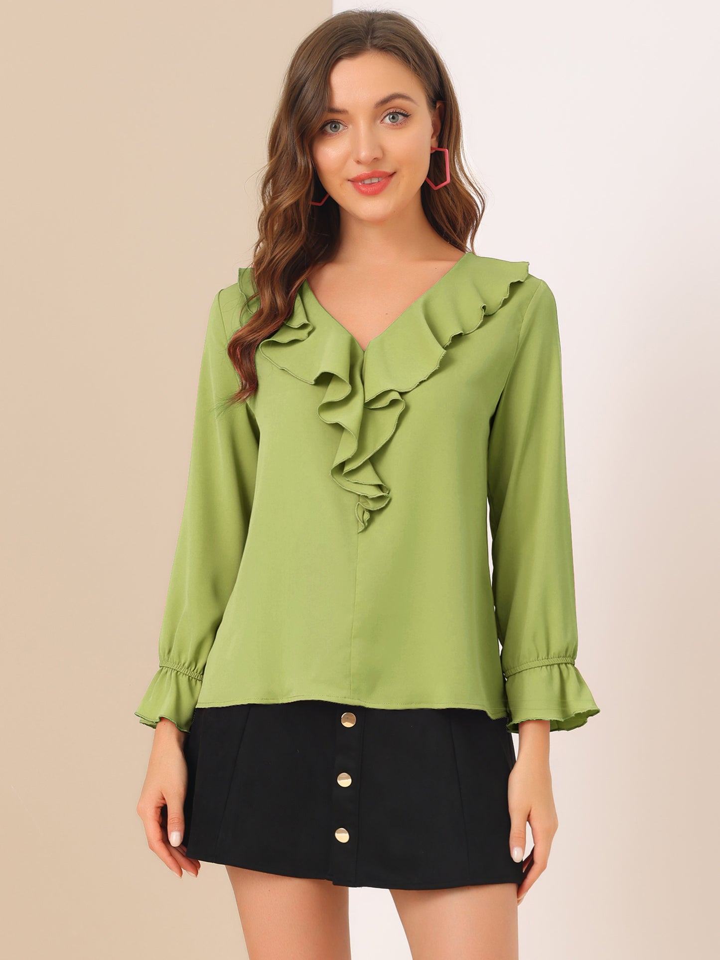 Blusa elegante con volantes para mujer, cuello en V, manga larga, informal, elegante