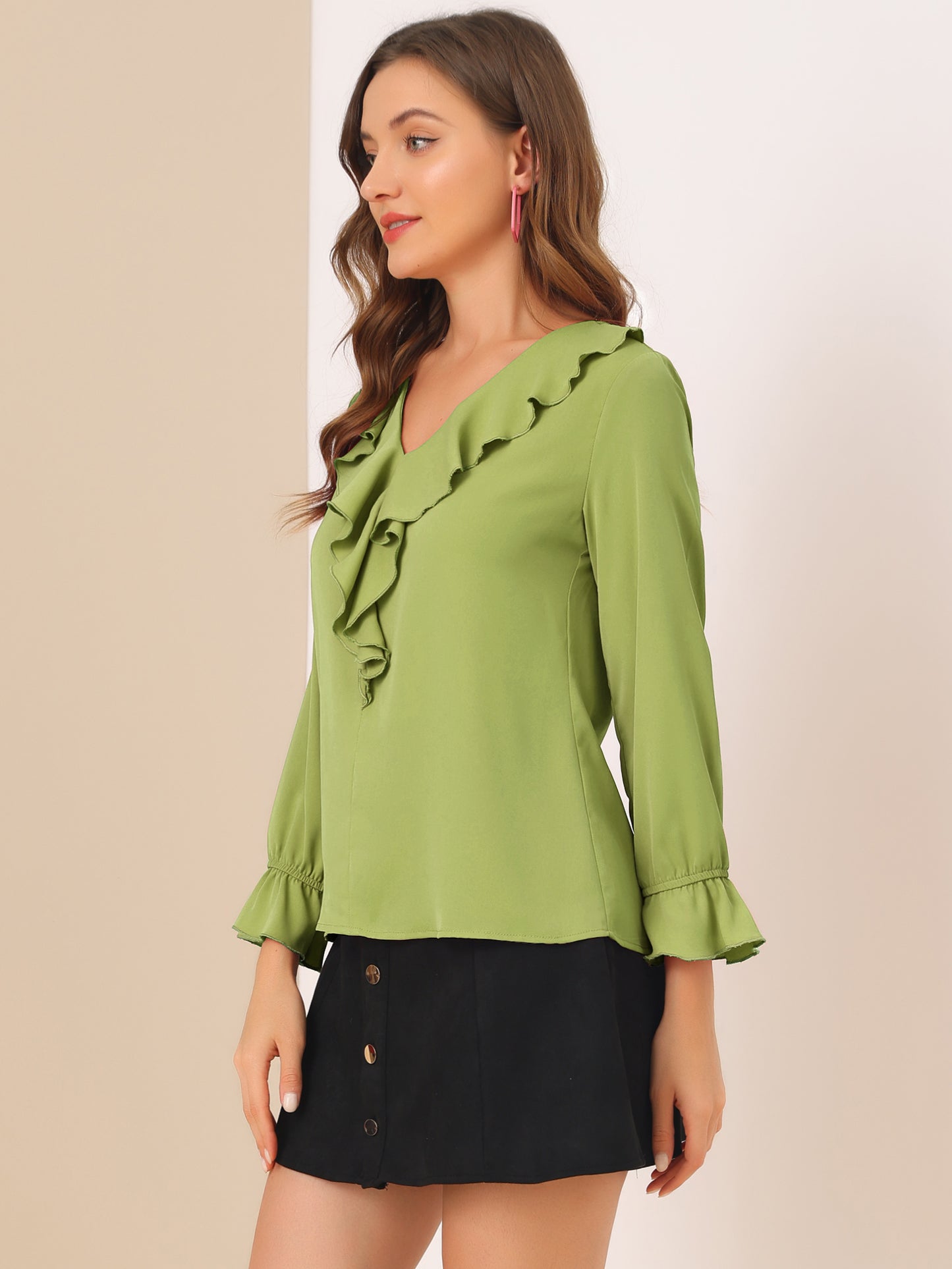 Blusa elegante con volantes para mujer, cuello en V, manga larga, informal, elegante