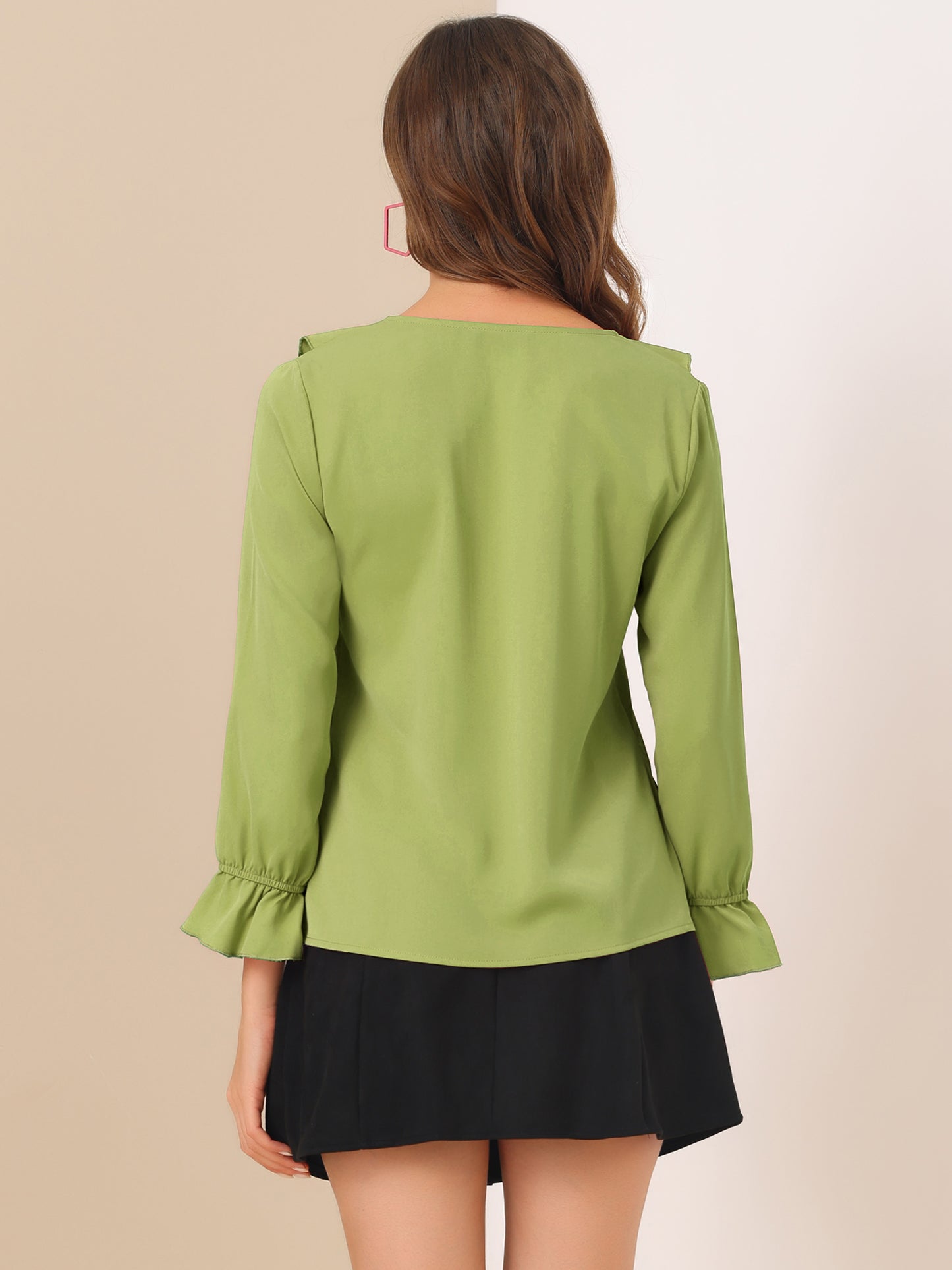 Blusa elegante con volantes para mujer, cuello en V, manga larga, informal, elegante