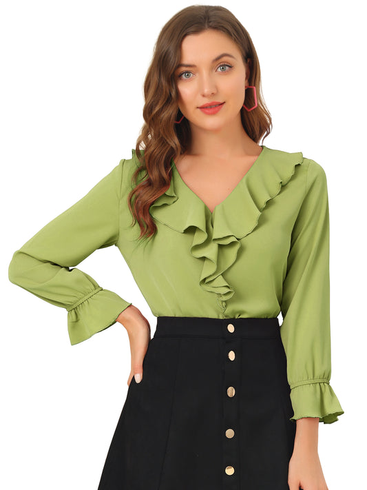 Women's Ruffle Blouse Elegant V Neck Long Sleeve Casual Dressy Top
