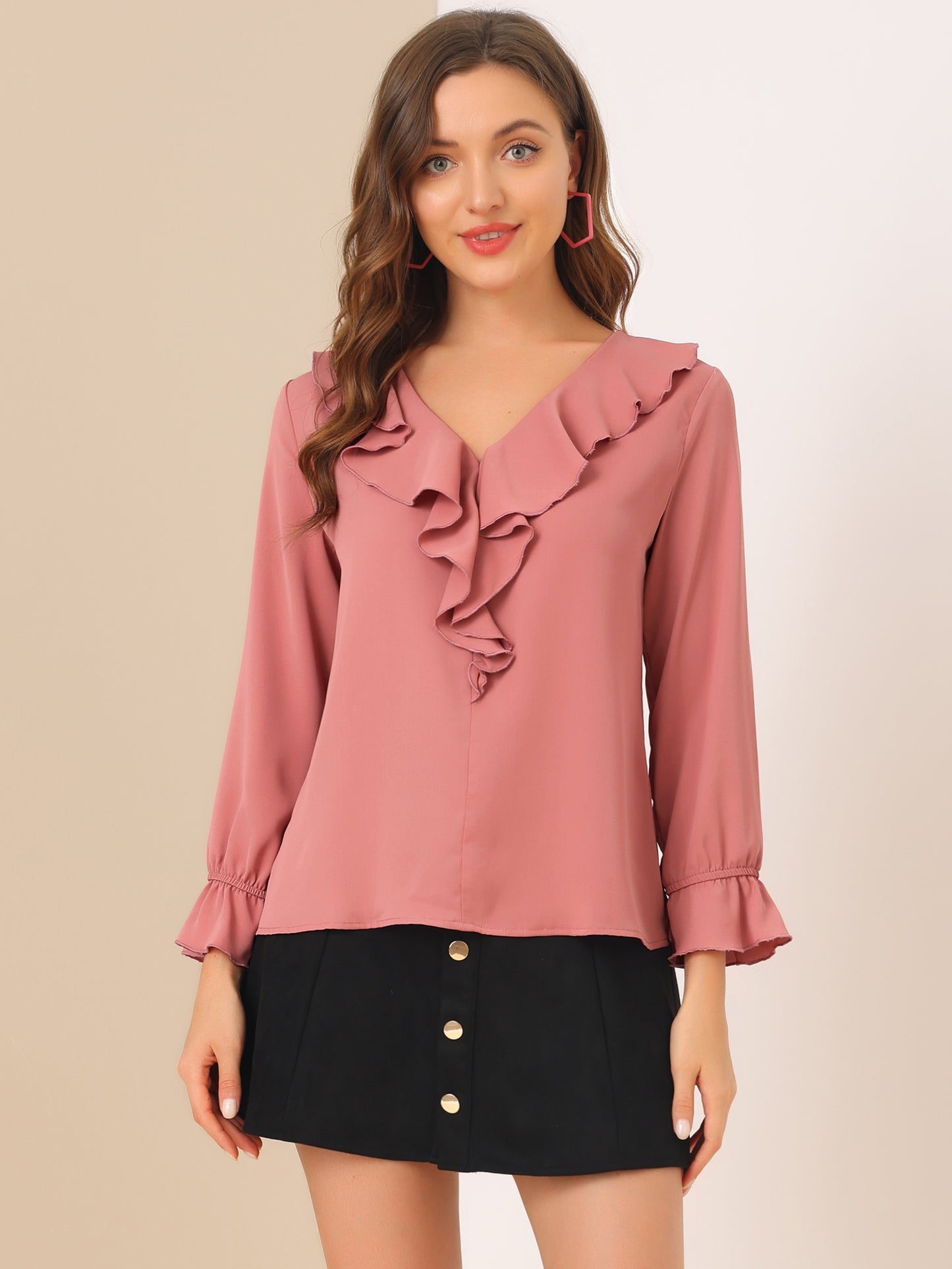 Women's Ruffle Blouse Elegant V Neck Long Sleeve Casual Dressy Top (Available in Plus Size)