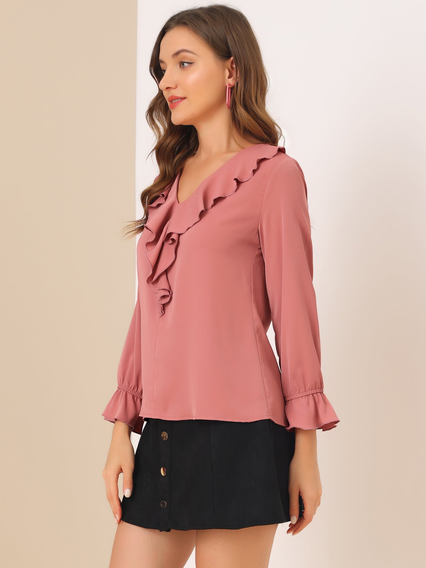 Women's Ruffle Blouse Elegant V Neck Long Sleeve Casual Dressy Top (Available in Plus Size)
