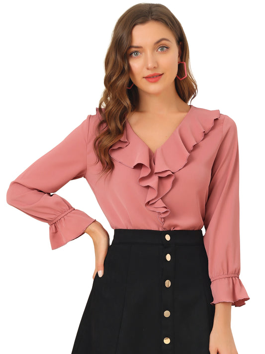 Blusa elegante con volantes para mujer, cuello en V, manga larga, informal y elegante (disponible en tallas grandes)