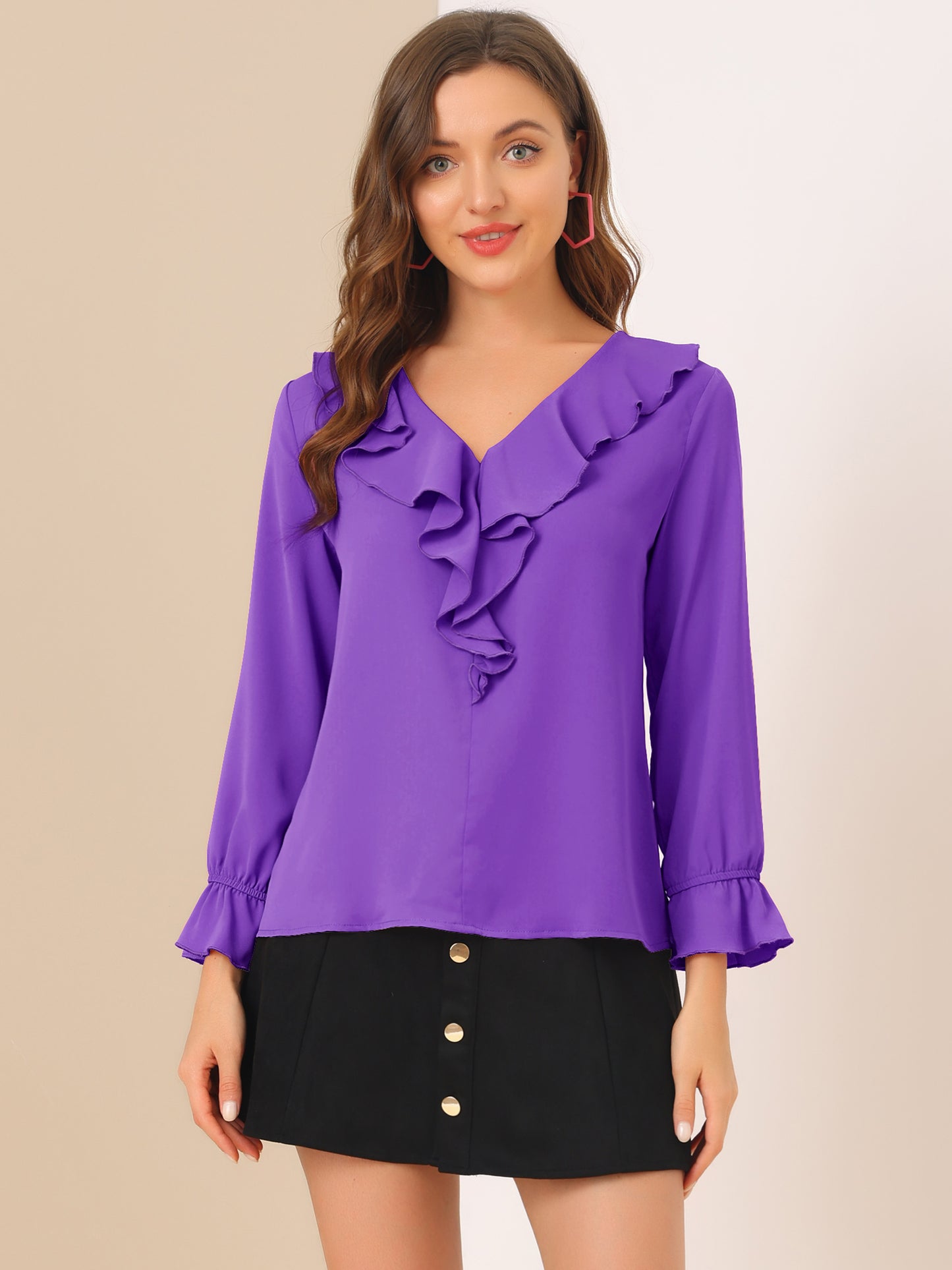 Women's Ruffle Blouse Elegant V Neck Long Sleeve Casual Dressy Top