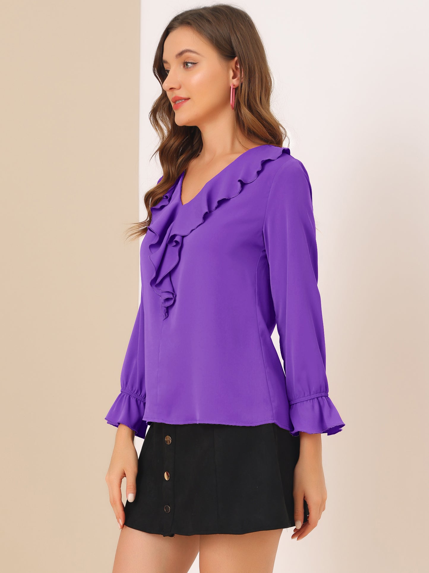 Women's Ruffle Blouse Elegant V Neck Long Sleeve Casual Dressy Top
