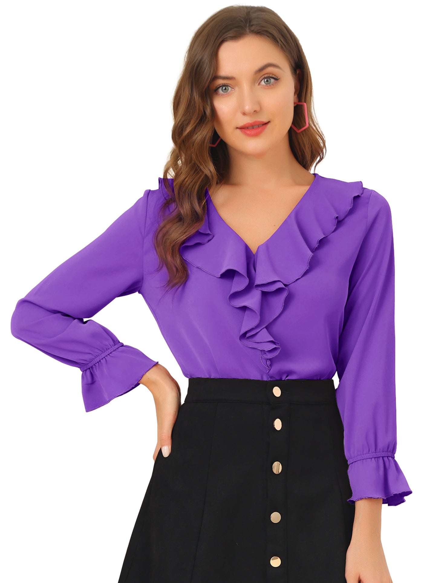 Women's Ruffle Blouse Elegant V Neck Long Sleeve Casual Dressy Top