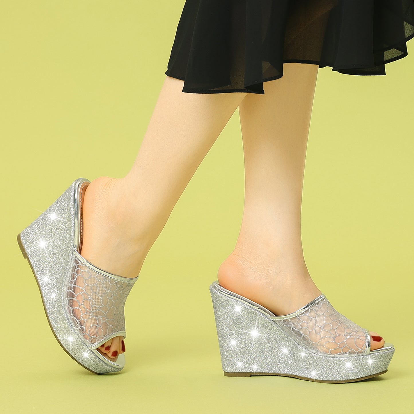 Women's Glitter Platform Wedges Slip On Wedge Sandals