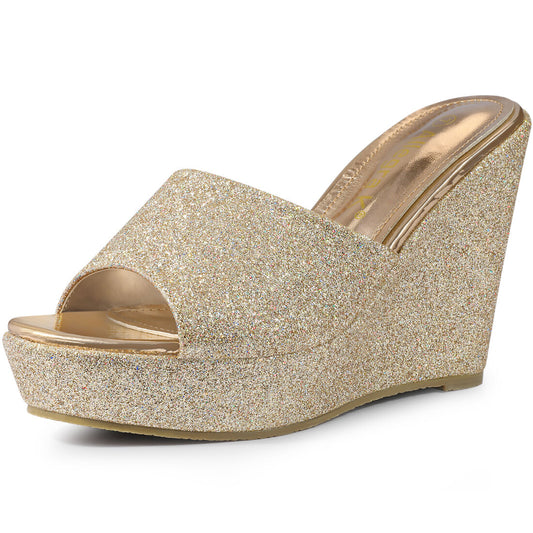 Women's Glitter Platform Slip On Wedge Heels Sandals