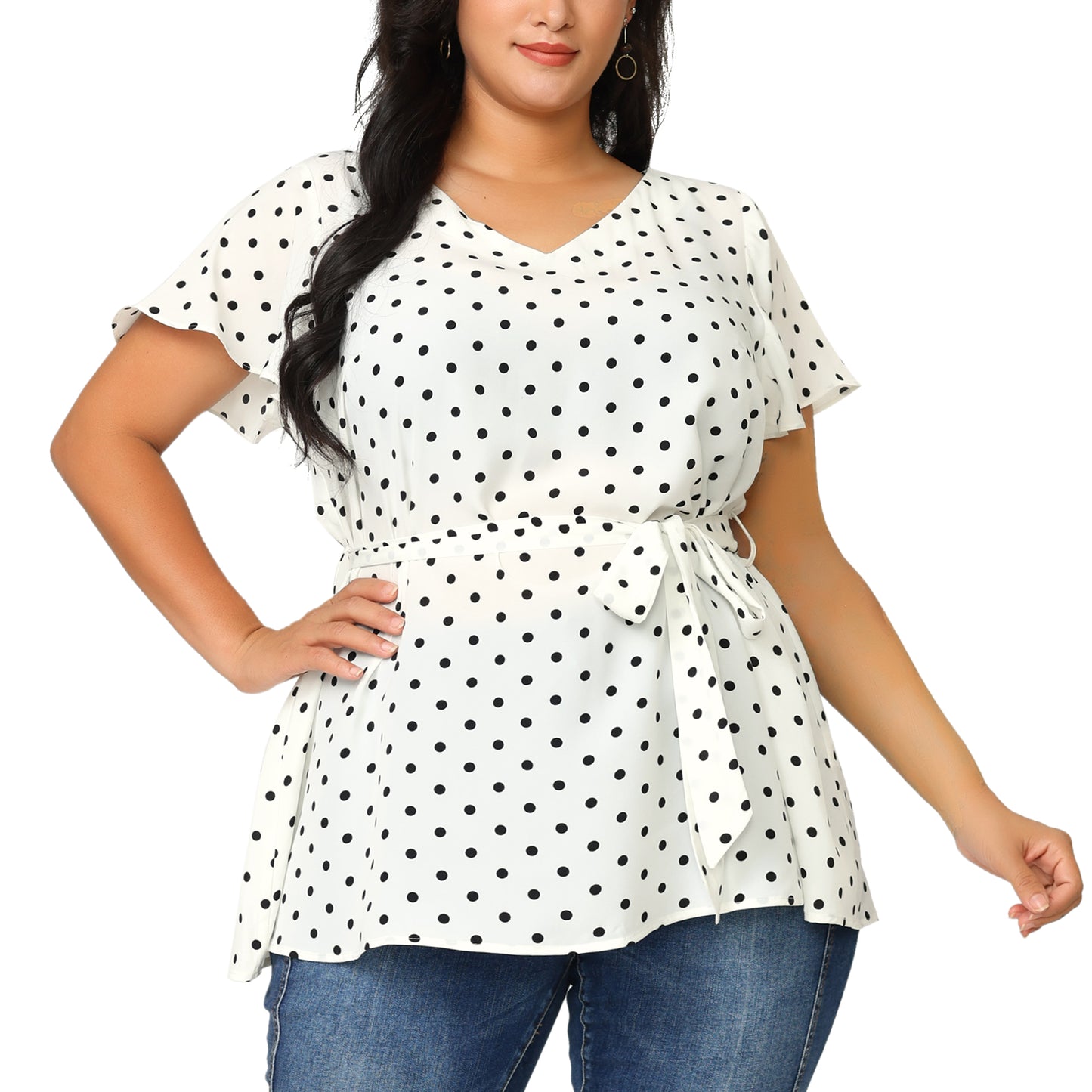 Women Plus Size Top V Neck Tie Waist Polka Dots Ruffle Summer Short Sleeve Blouse