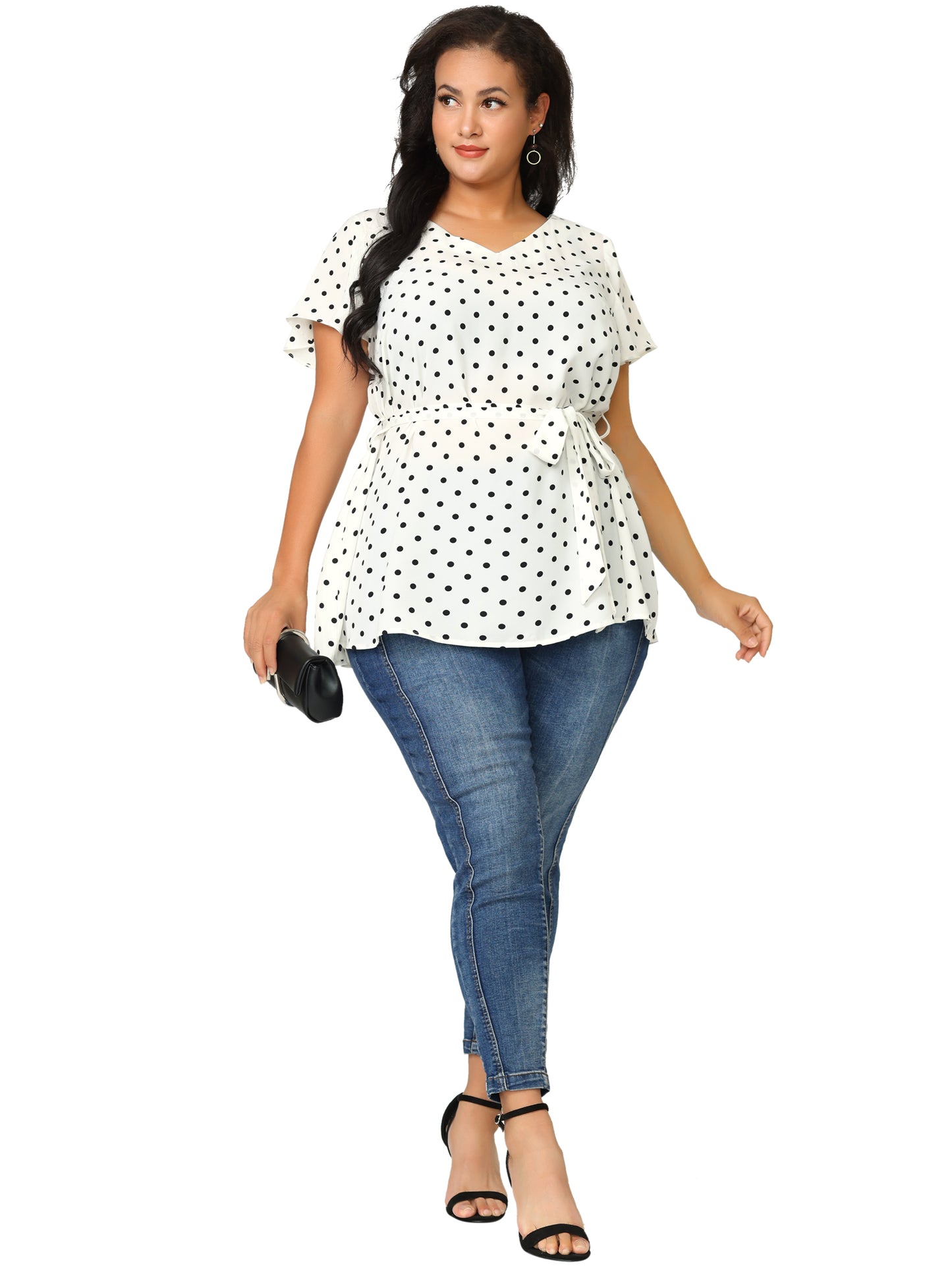 Women Plus Size Top V Neck Tie Waist Polka Dots Ruffle Summer Short Sleeve Blouse