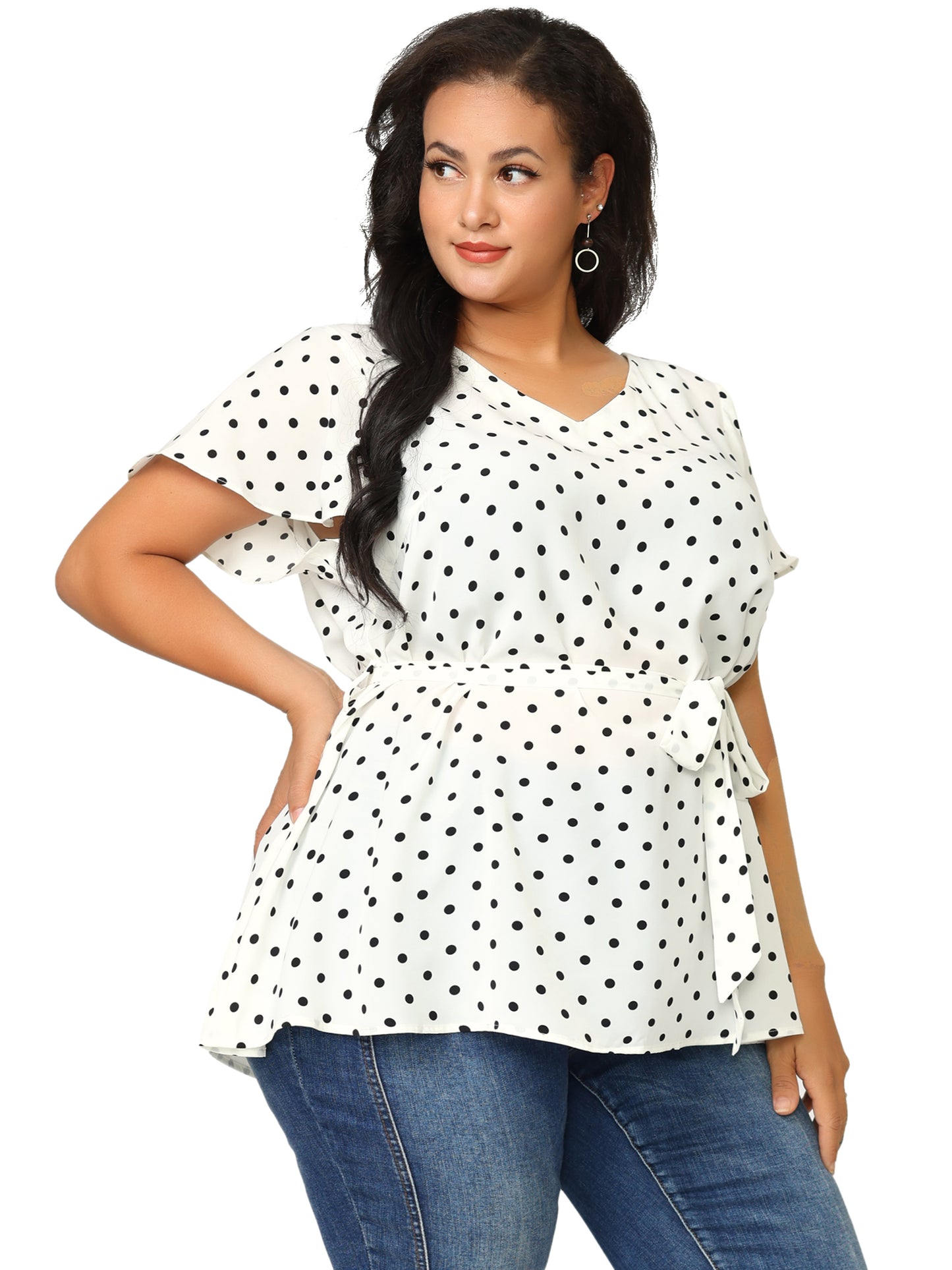 Women Plus Size Top V Neck Tie Waist Polka Dots Ruffle Summer Short Sleeve Blouse