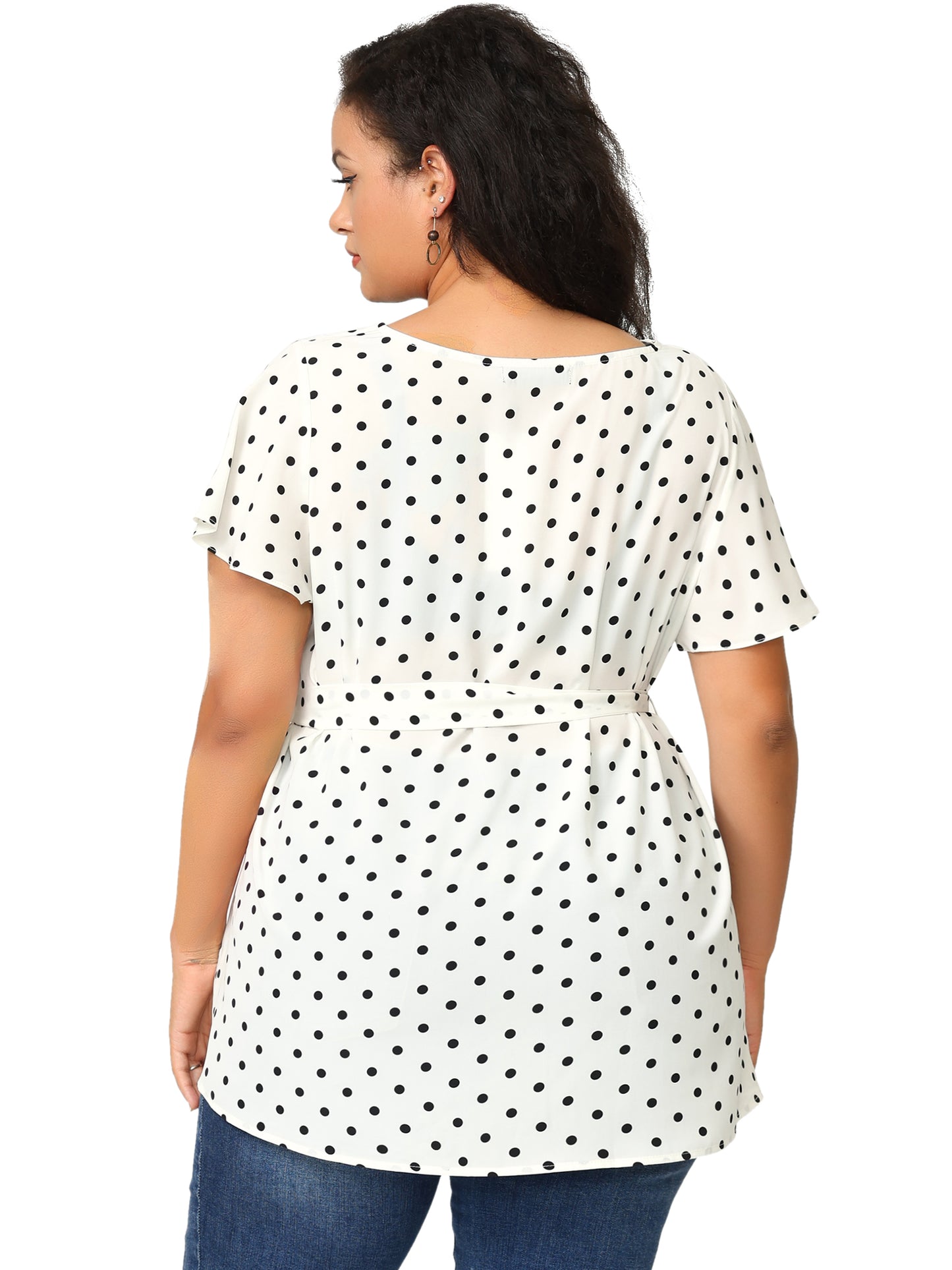 Women Plus Size Top V Neck Tie Waist Polka Dots Ruffle Summer Short Sleeve Blouse
