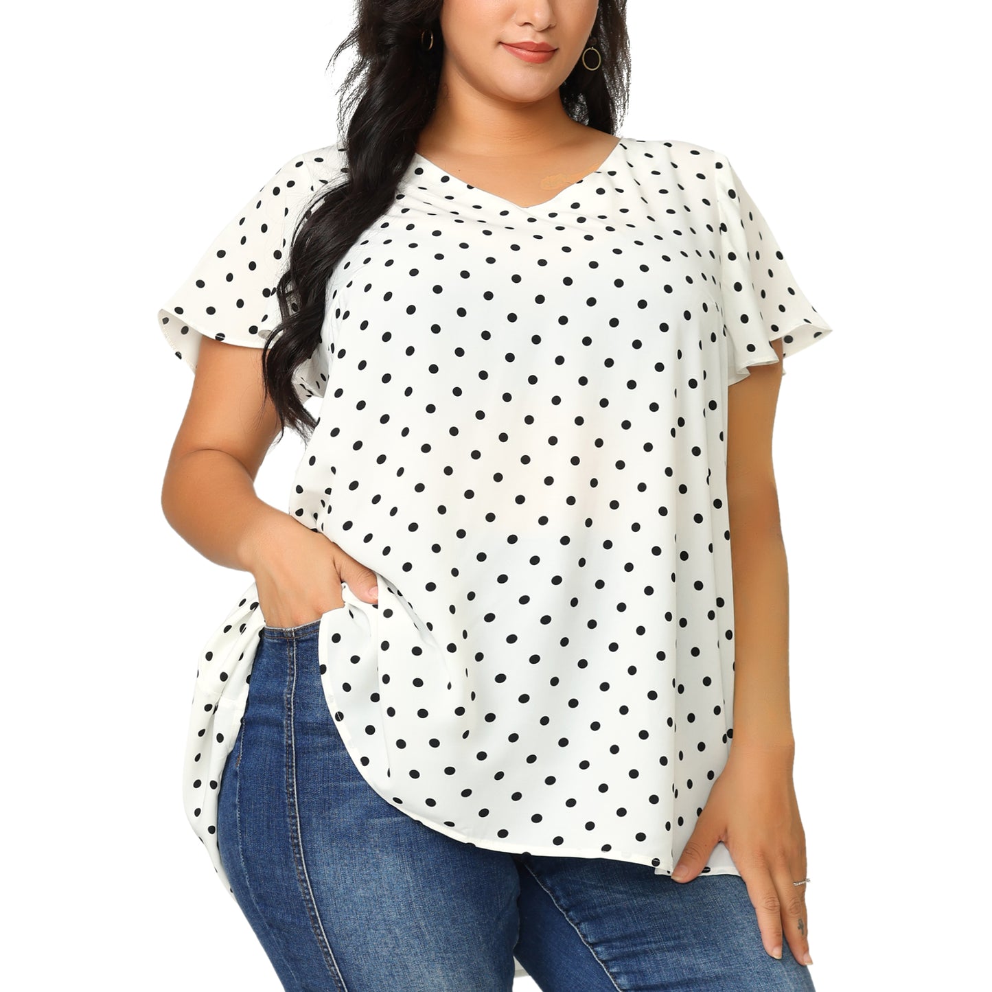 Women Plus Size Top V Neck Tie Waist Polka Dots Ruffle Summer Short Sleeve Blouse
