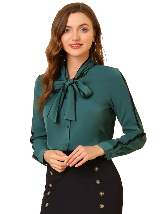 Women's Bow Tie Neck Contrast Trim Long Sleeves Elegant Button Down Shirt