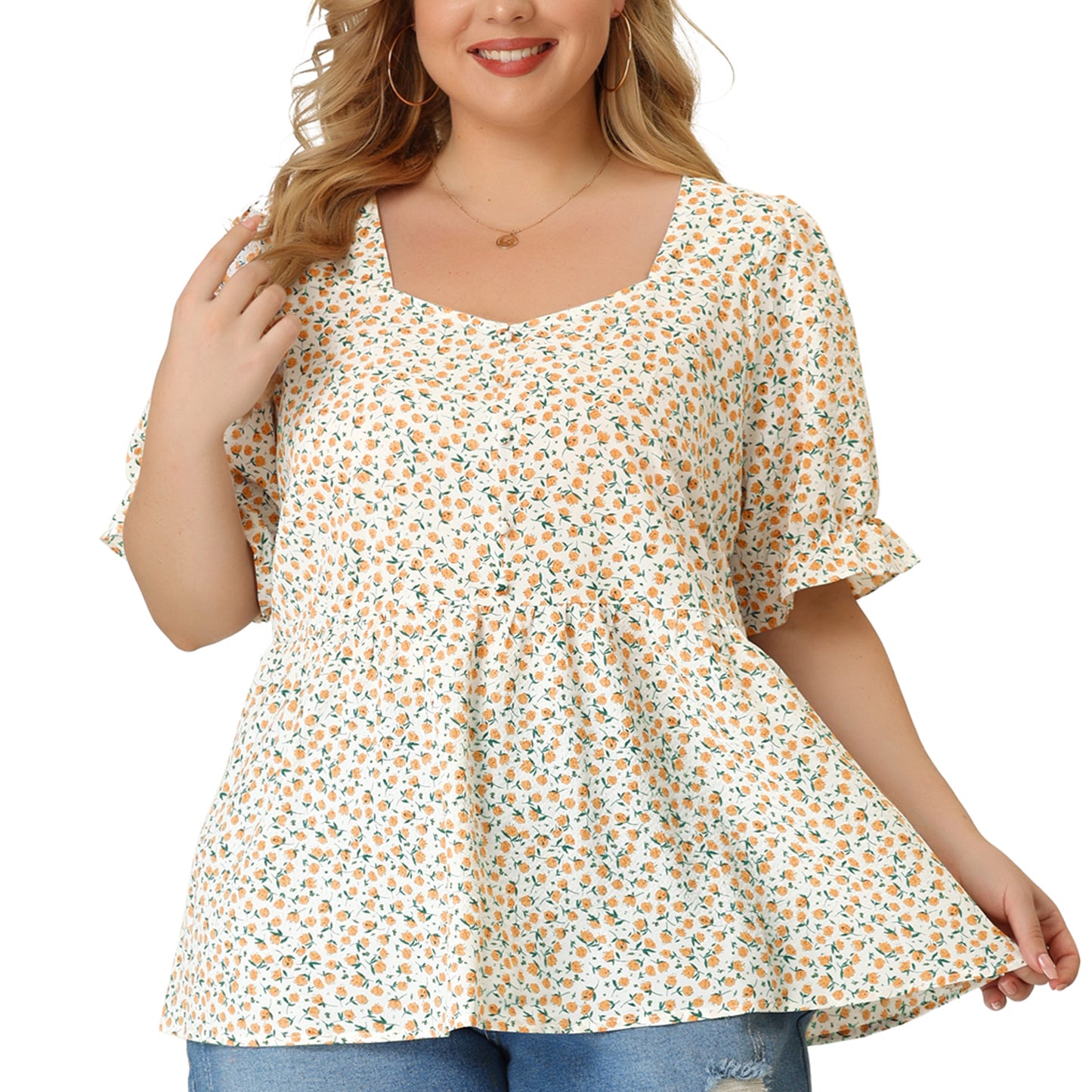 Women Plus Size Blouse Sweetheart Neck Floral Peplum Top