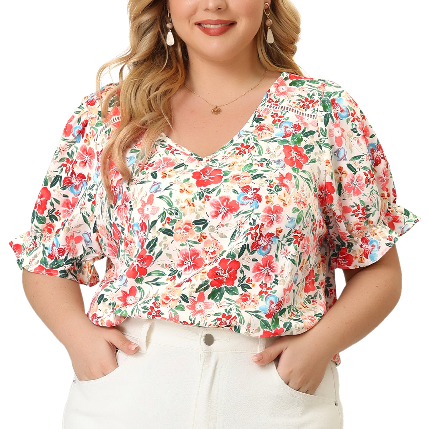 Women's Plus Size V Neck Ruffle Short Sleeve Blouses Floral Top