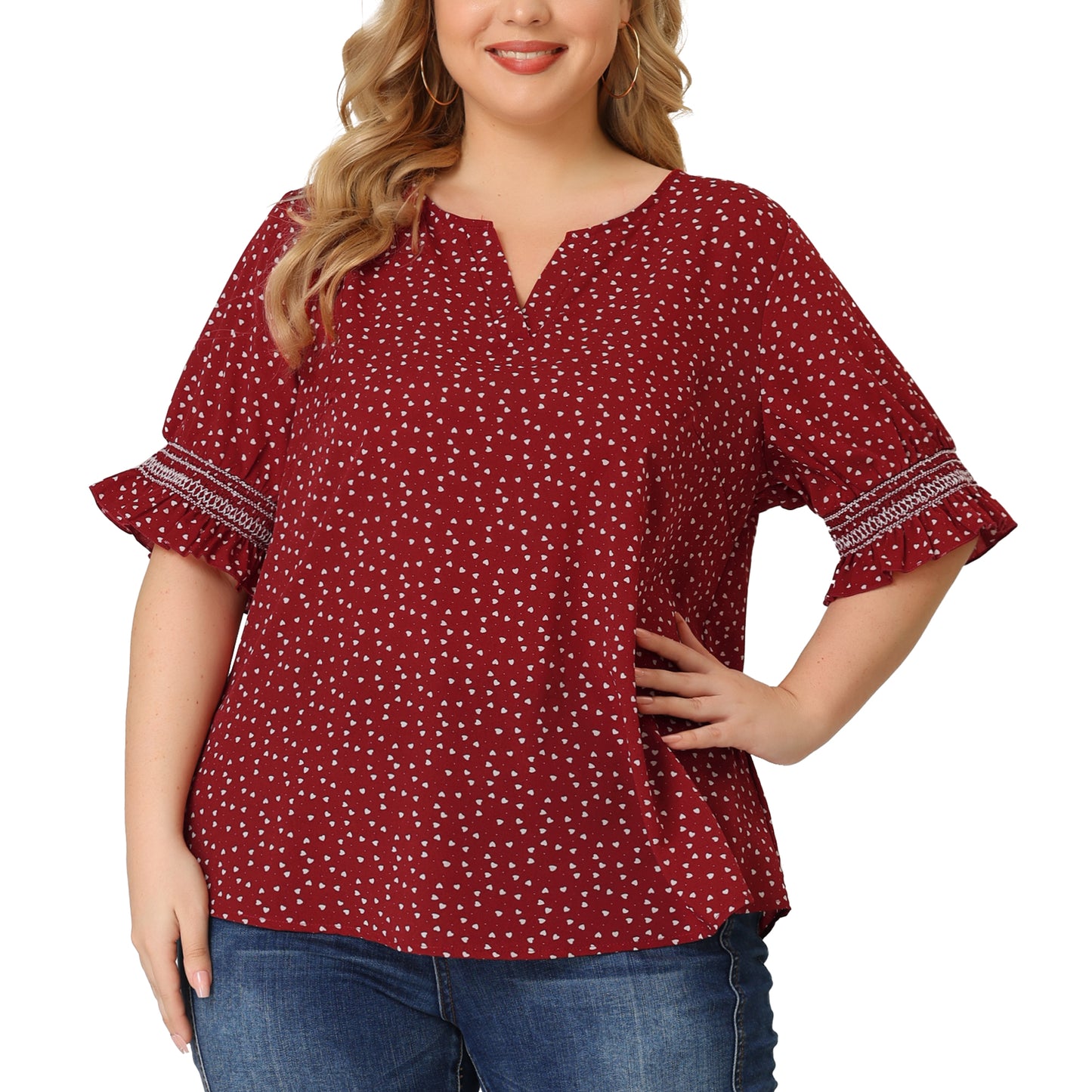 Women's Plus Size Blouse Pin Dots Smocked Floral Boho Blouse