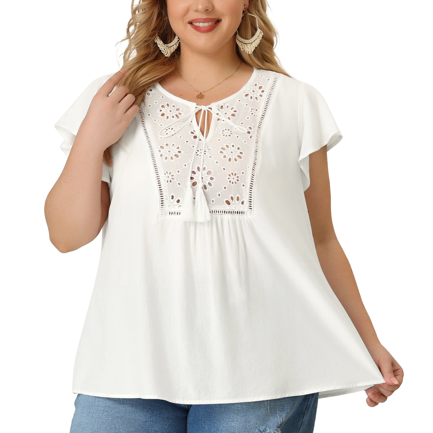 Women's Plus Size Blouse Ruffle Sleeve Peasant Tie Neck Boho Summer Top
