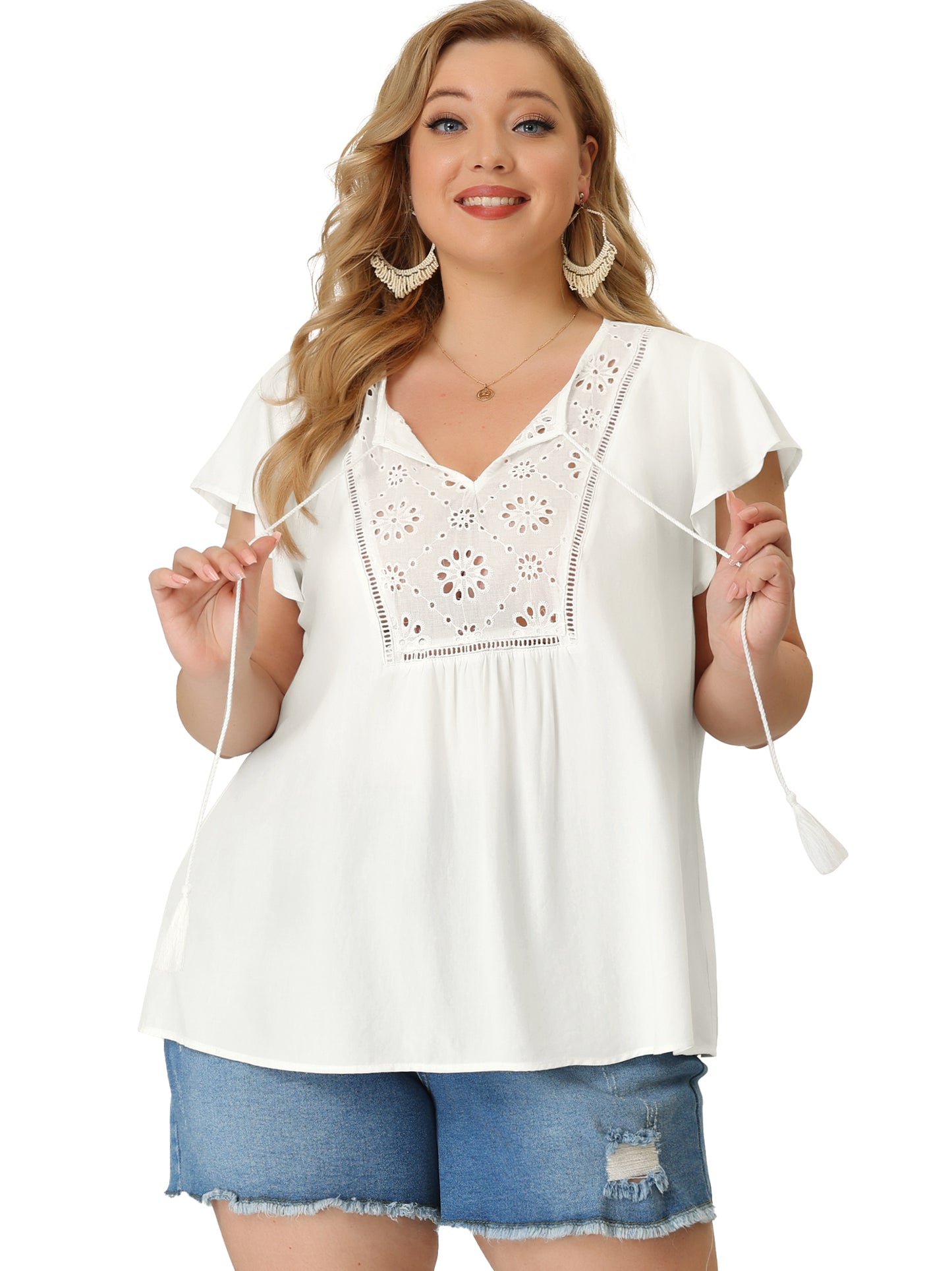 Women's Plus Size Blouse Ruffle Sleeve Peasant Tie Neck Boho Summer Top