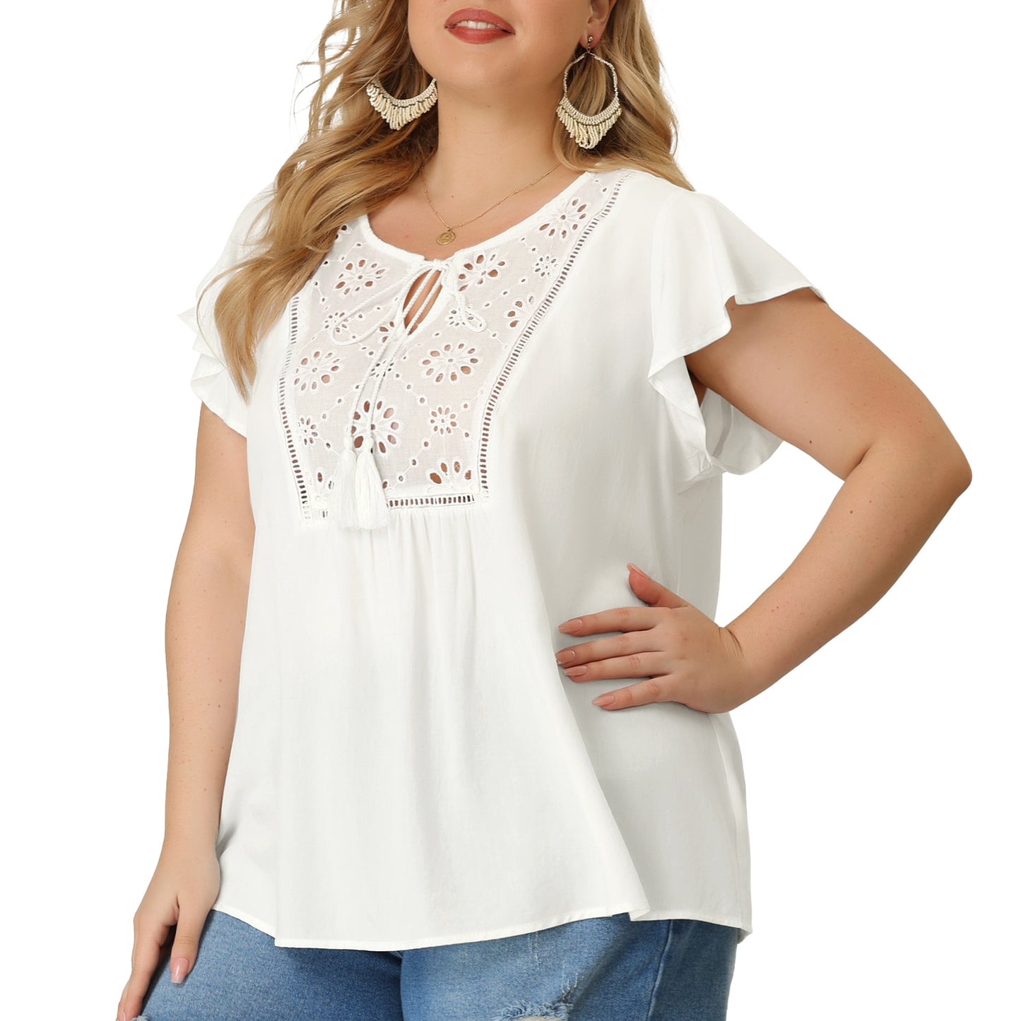 Women's Plus Size Blouse Ruffle Sleeve Peasant Tie Neck Boho Summer Top