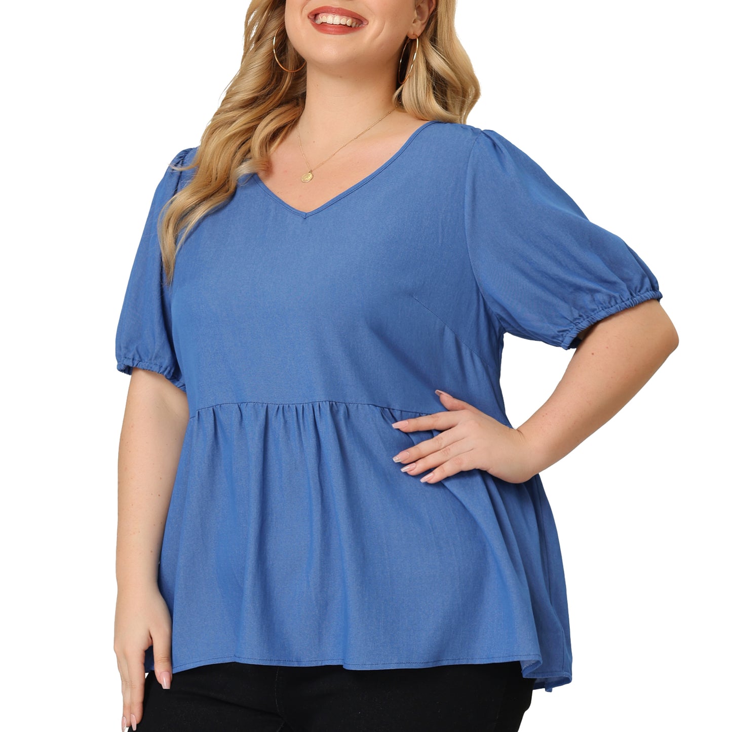 Women's Plus Size Summer Blouse Puff Short Sleeves Chambray Top