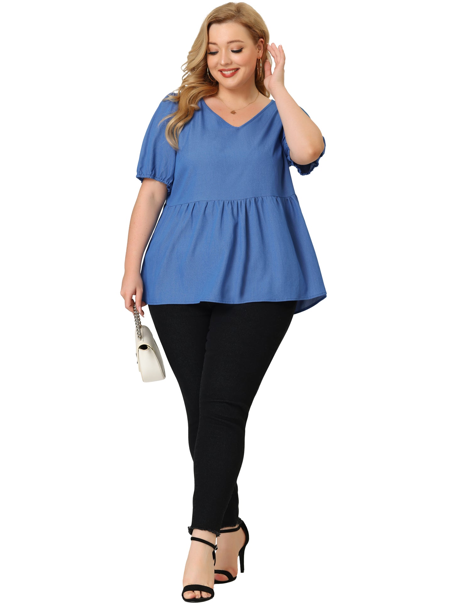 Women's Plus Size Summer Blouse Puff Short Sleeves Chambray Top