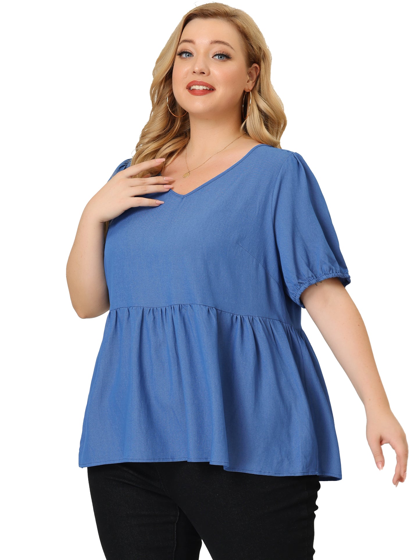 Women's Plus Size Summer Blouse Puff Short Sleeves Chambray Top