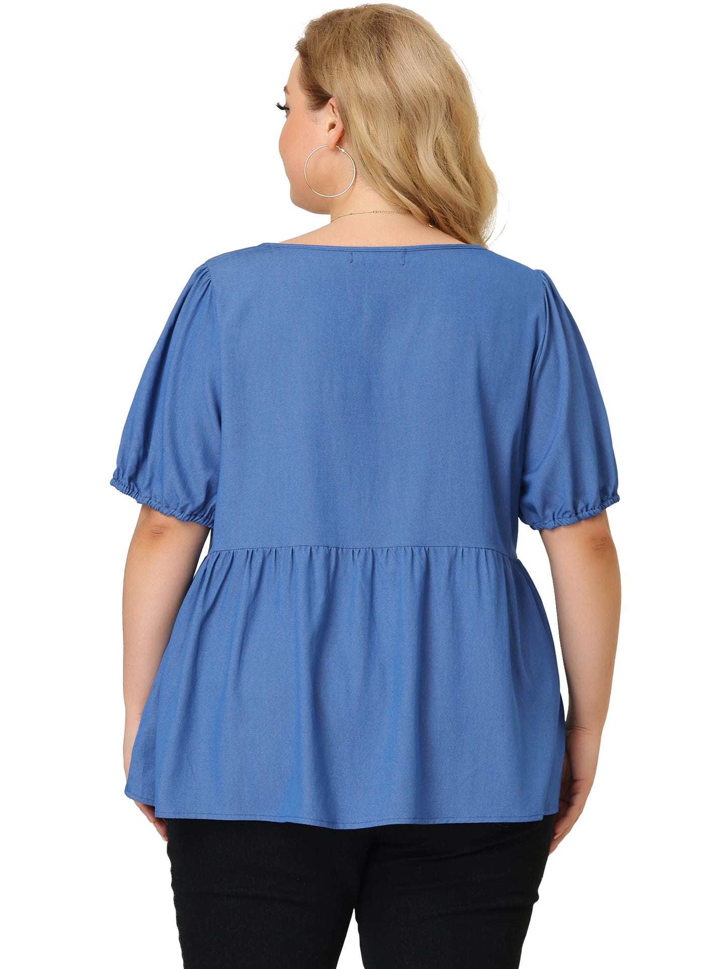 Women's Plus Size Summer Blouse Puff Short Sleeves Chambray Top