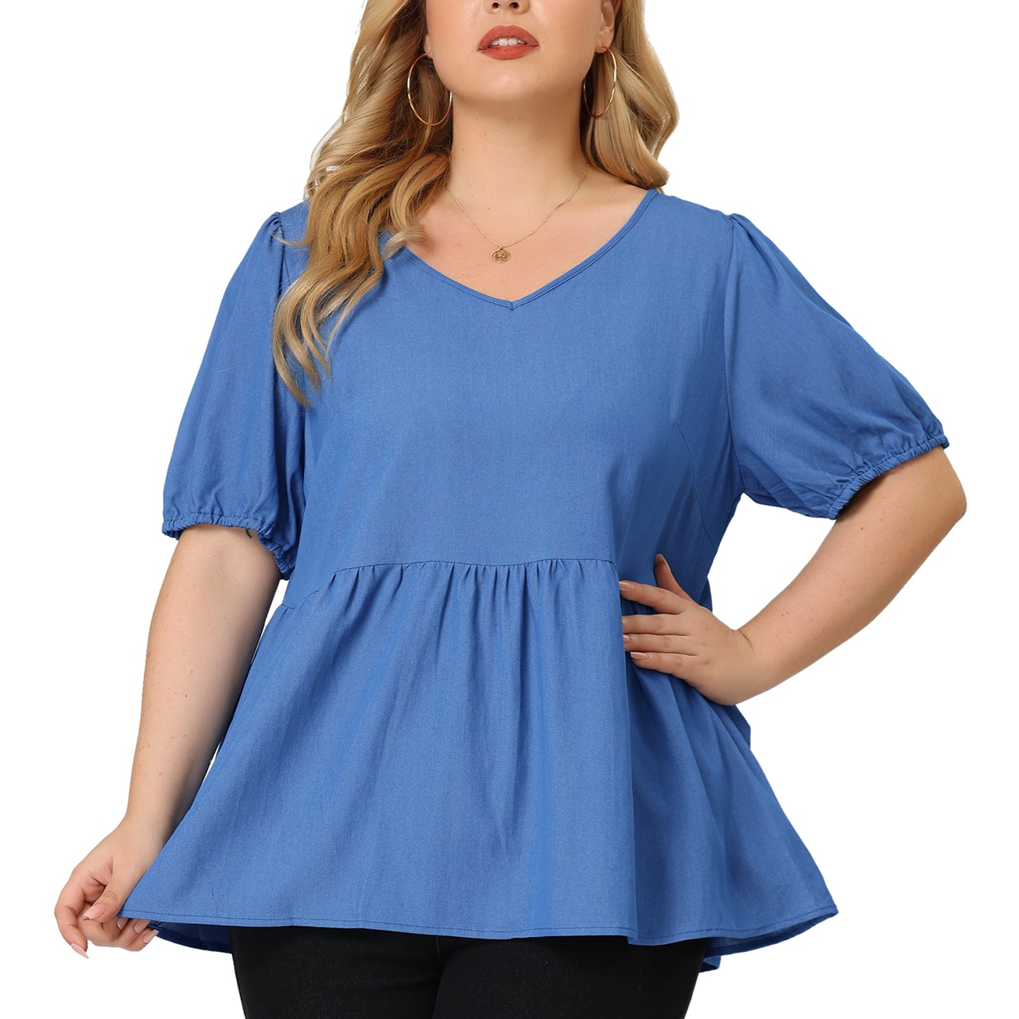 Women's Plus Size Summer Blouse Puff Short Sleeves Chambray Top