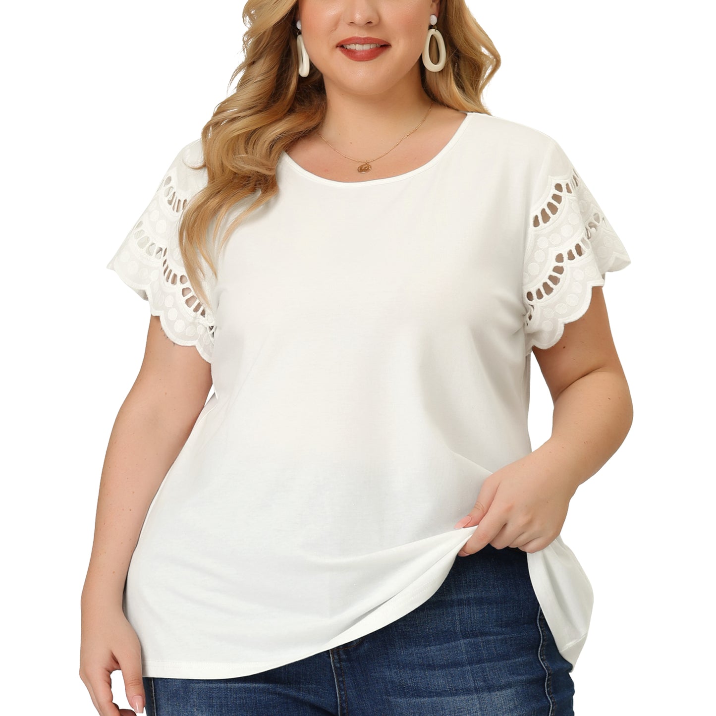 Women's Plus Size Top Round Neck Lace Panel Hollow Short Sleeve Elegant Summer Blouse