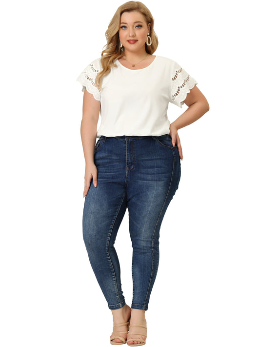 Women's Plus Size Top Round Neck Lace Panel Hollow Short Sleeve Elegant Summer Blouse