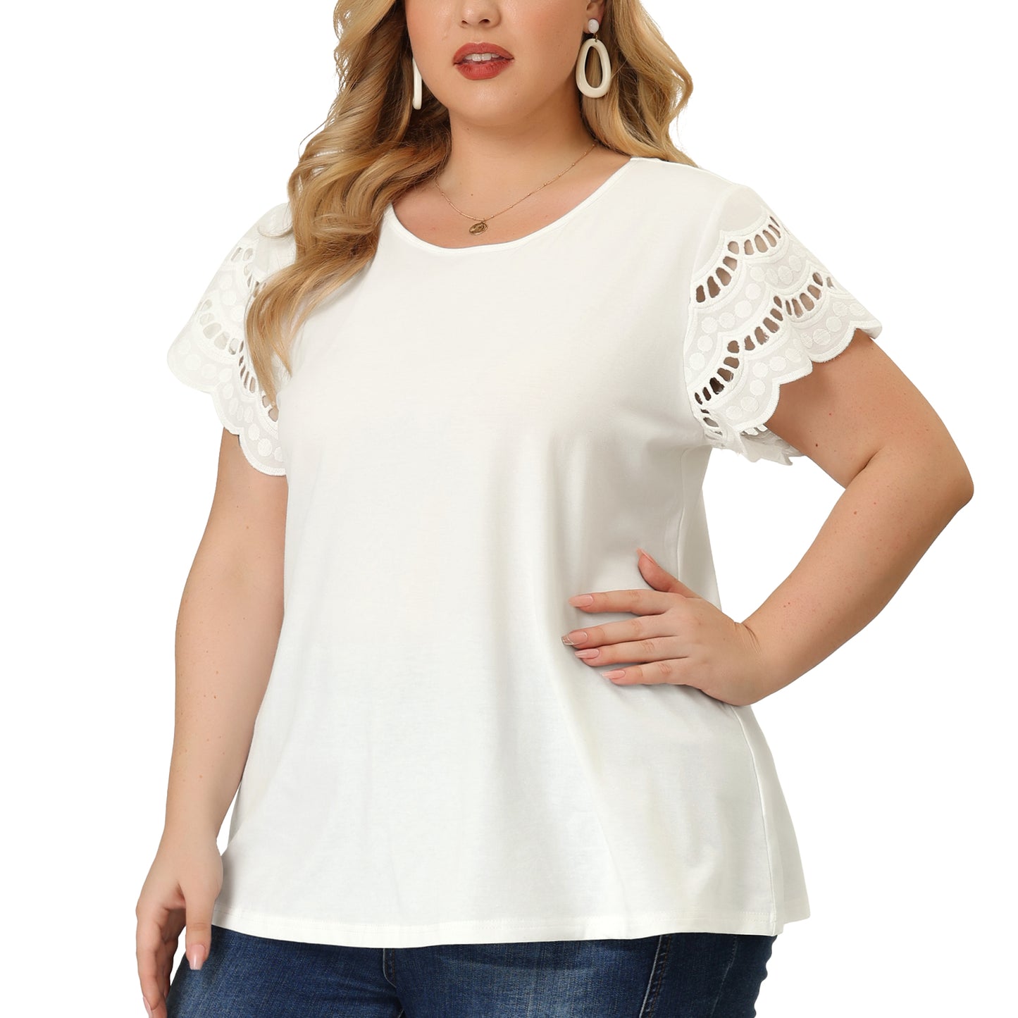 Women's Plus Size Top Round Neck Lace Panel Hollow Short Sleeve Elegant Summer Blouse
