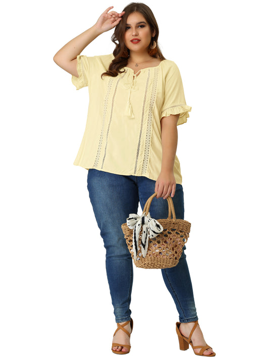 Women Plus Size Blouse Tie Neck Ruffle Short Sleeve Summer Lace Crochet Top