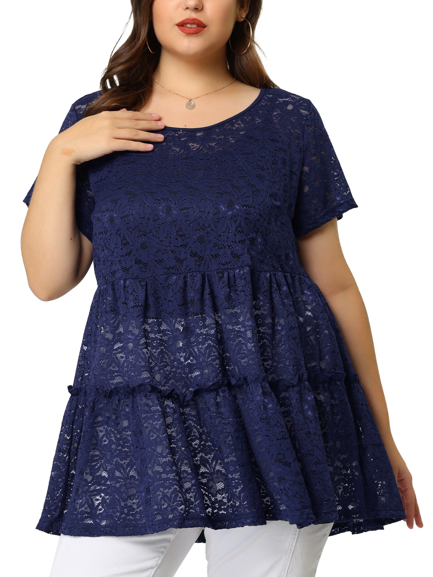 Women Plus Size Babydolls Blouse Lace Allover Short Sleeve Tiered Peplum Top