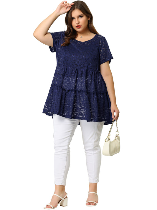 Women Plus Size Babydolls Blouse Lace Allover Short Sleeve Tiered Peplum Top