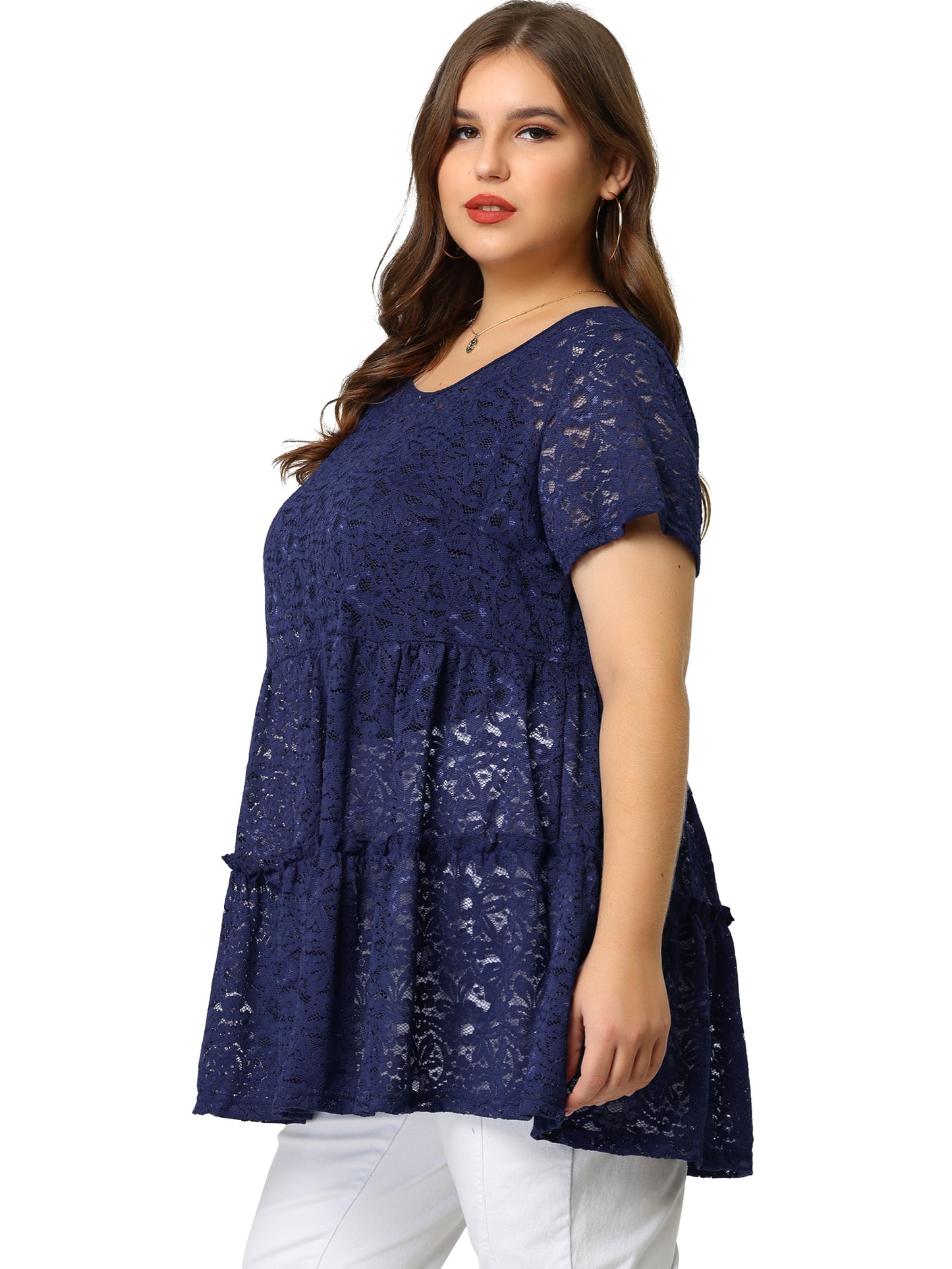 Women Plus Size Babydolls Blouse Lace Allover Short Sleeve Tiered Peplum Top