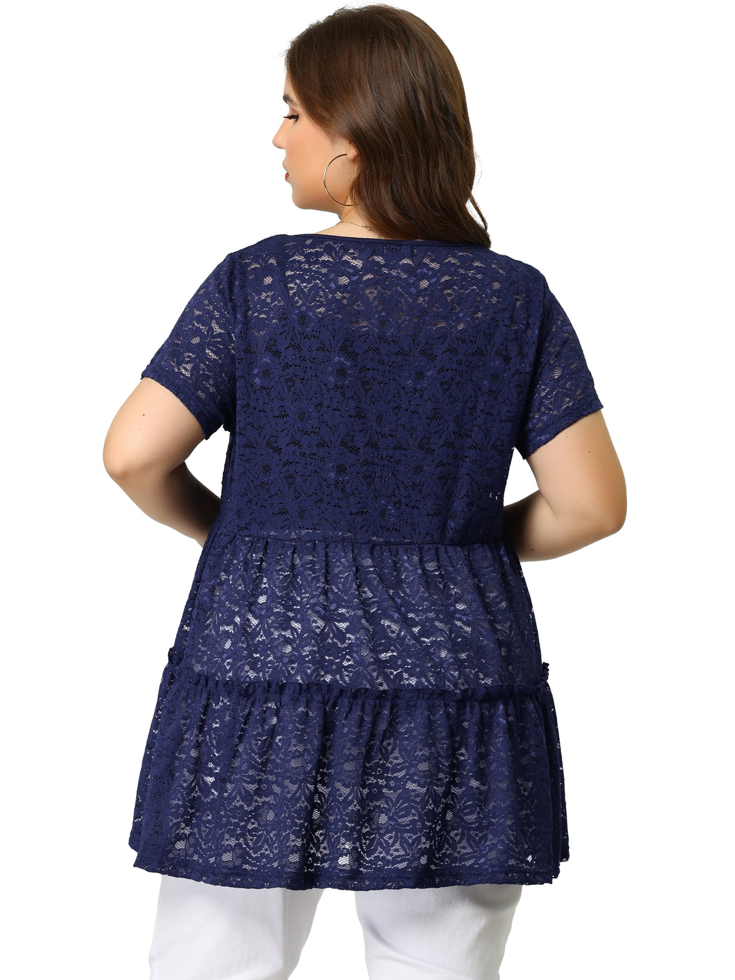 Women Plus Size Babydolls Blouse Lace Allover Short Sleeve Tiered Peplum Top