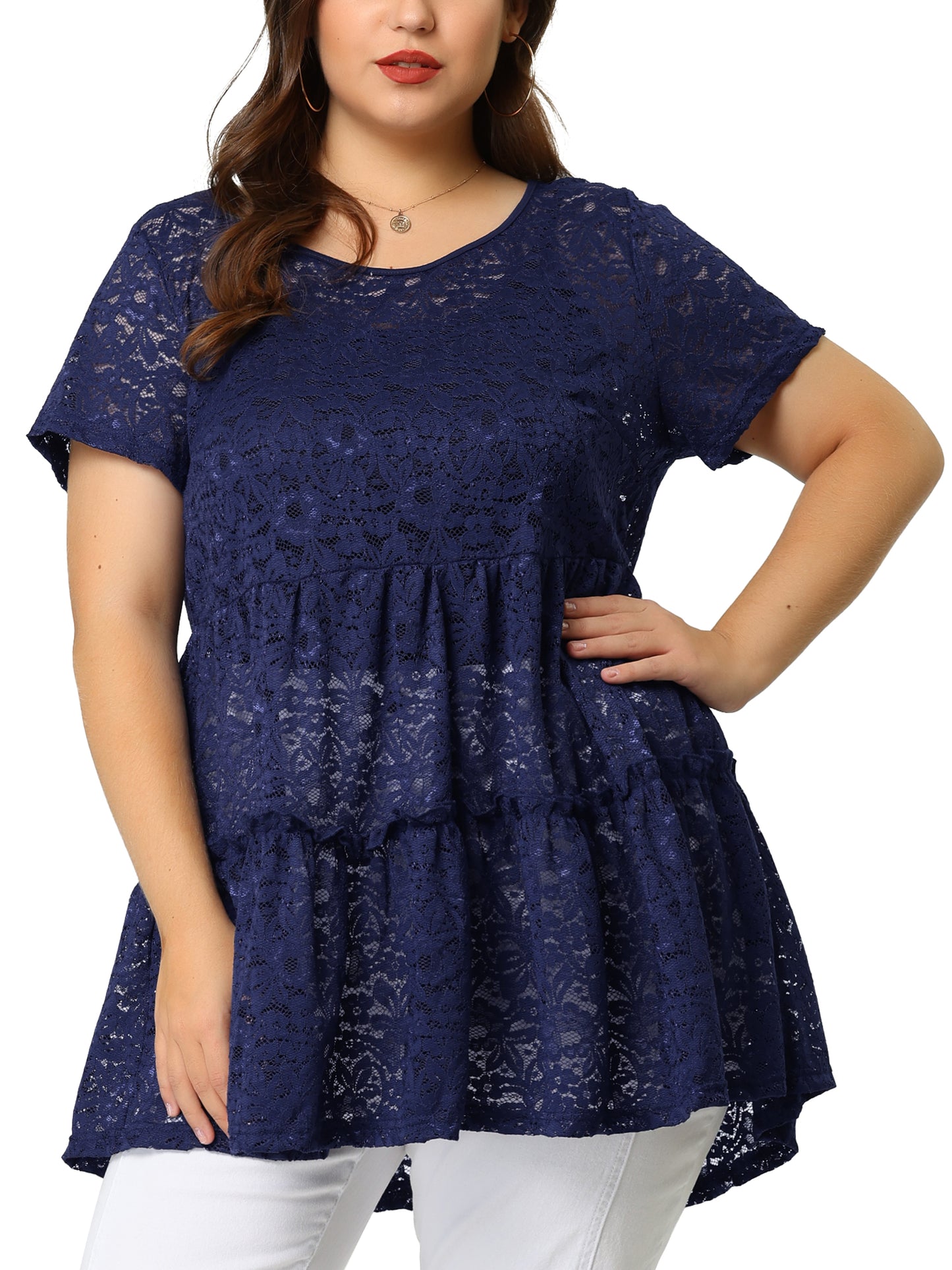 Women Plus Size Babydolls Blouse Lace Allover Short Sleeve Tiered Peplum Top