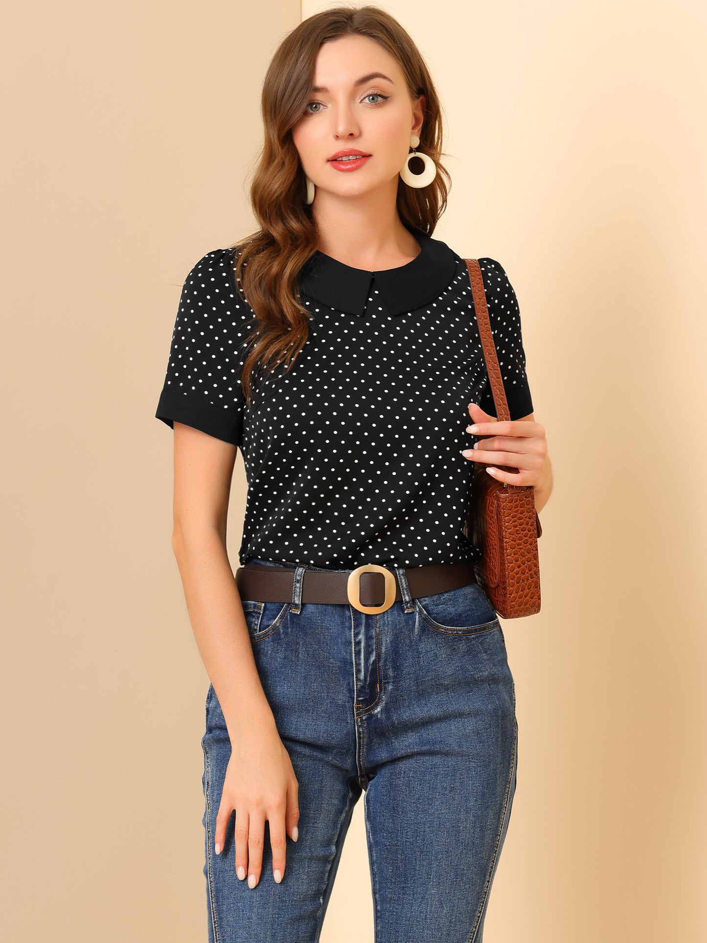 [PACK SALES] Women's 2 Pieces Contrast Peter Pan Collar Polka Dots Short Sleeve Top
